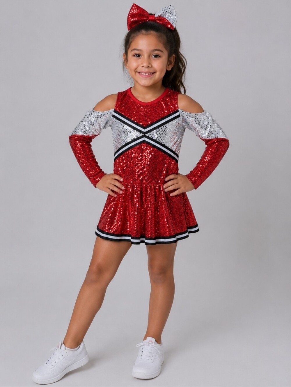 Sparkling Sequin Red and Silver 8 Girls Cheer Leader Costume